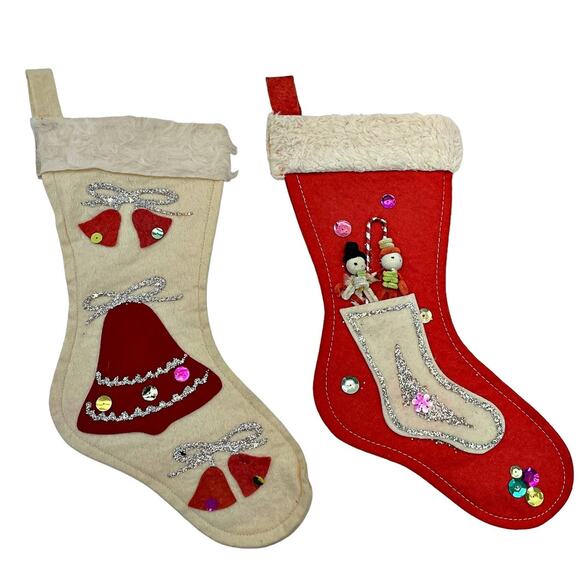 OOAK Vintage Lot 2 Felt Sequin Piping Dolls Handmade Stockings Mid Century MCM - Picture 1 of 3